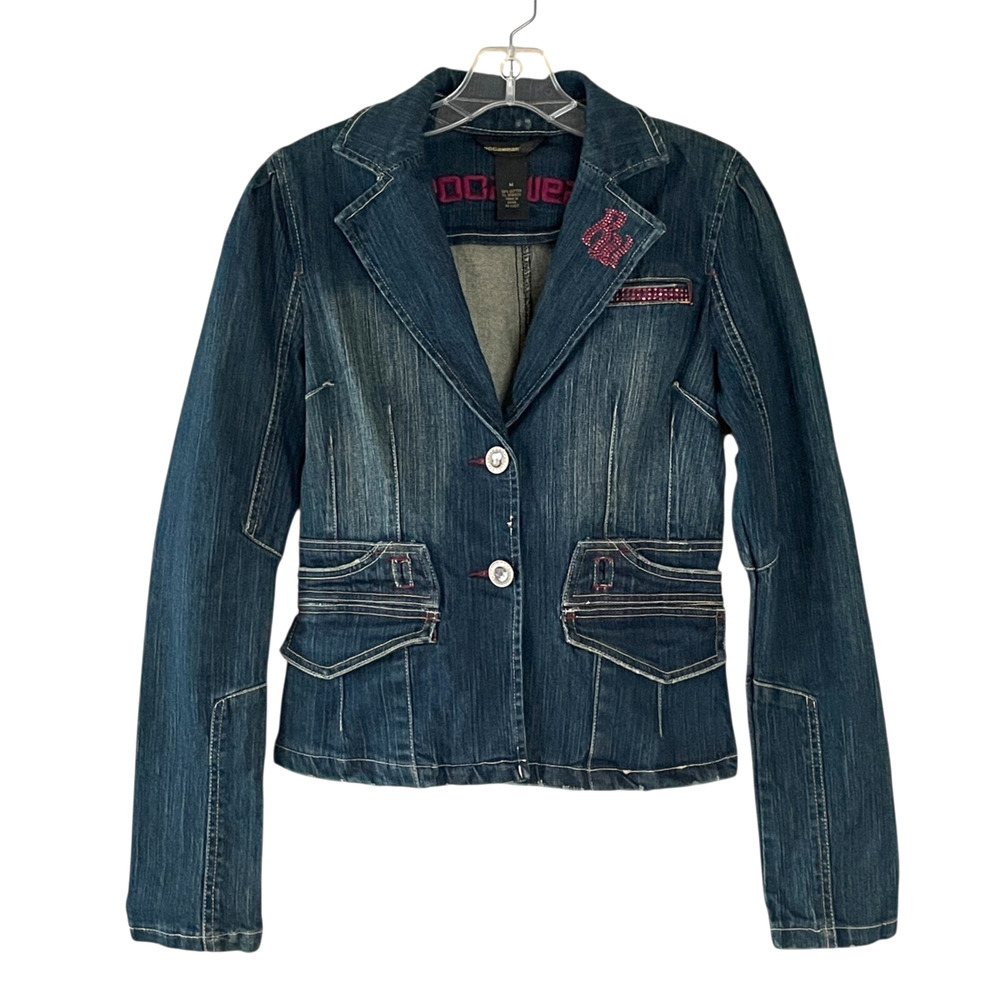 ROCAWEAR Women's Size Medium Blue Denim Streetwear Button Up Rhinestone Jacket